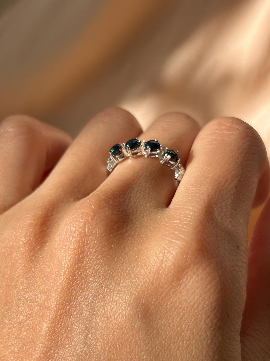 Black Opal Slanted Row Ring  ~ Sterling Silver Adjustable Resizeable