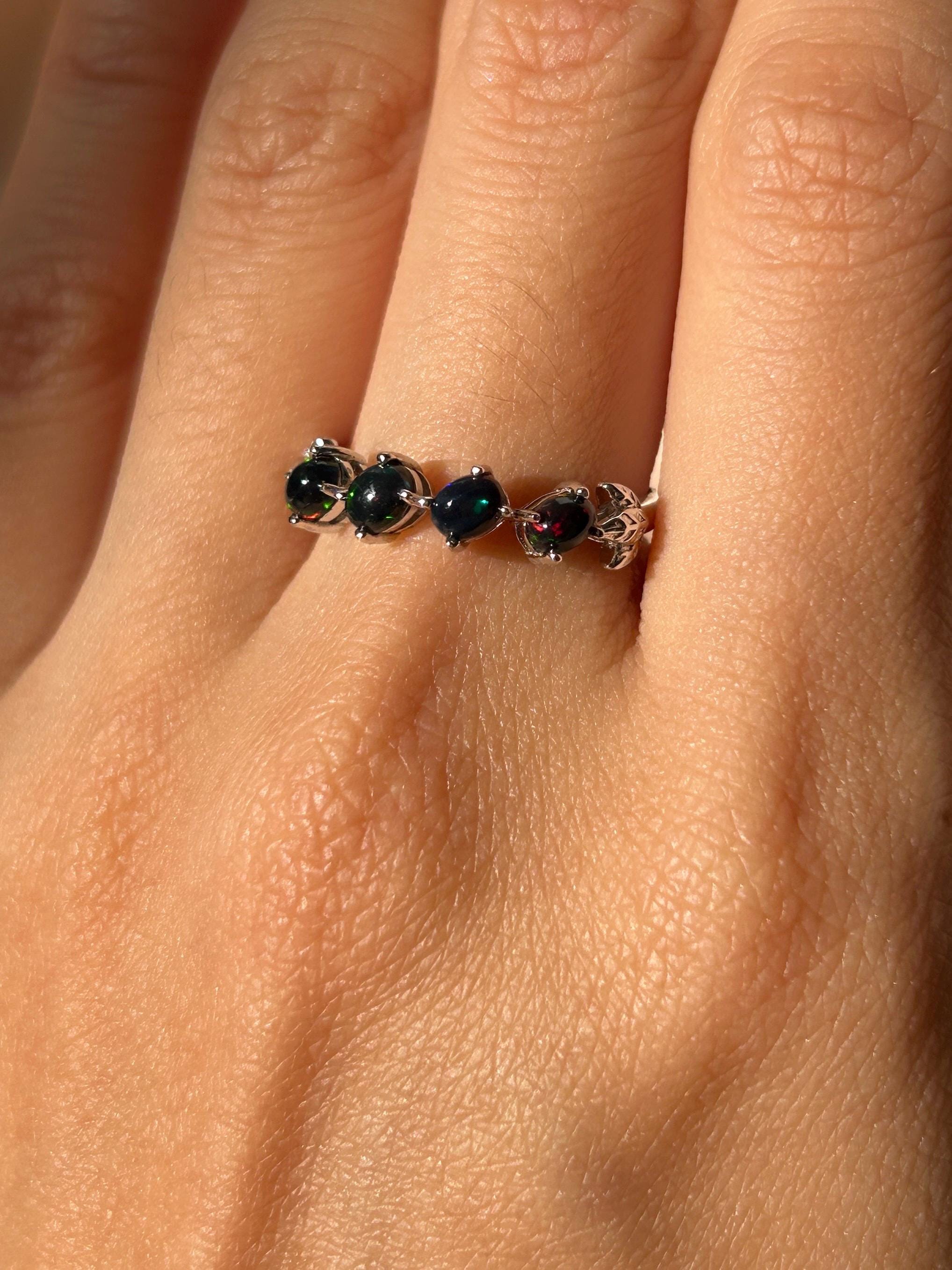 Black Opal Slanted Row Ring  ~ Sterling Silver Adjustable Resizeable