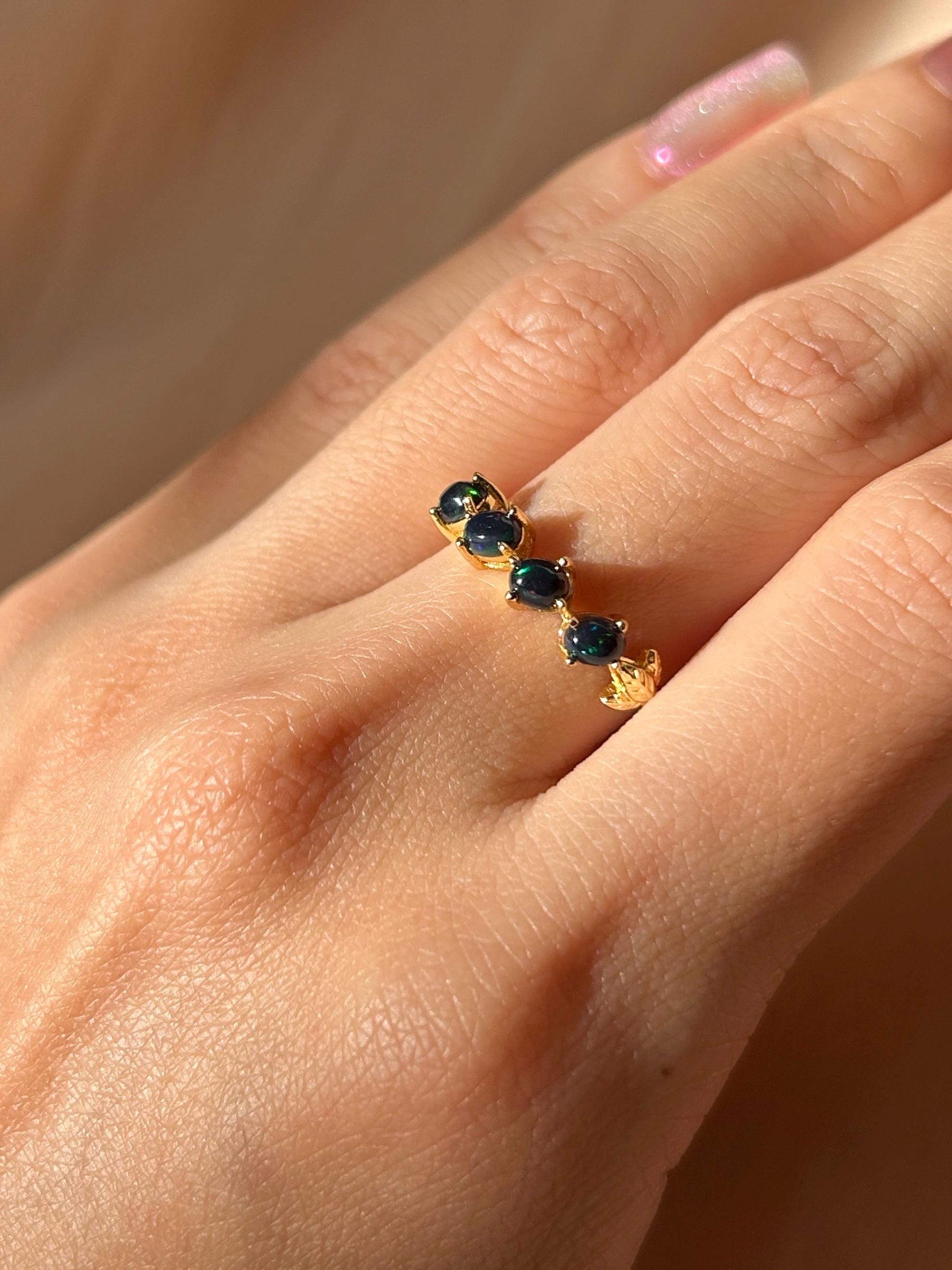 Black Opal Slanted Row Ring  ~ Sterling Silver Adjustable Resizeable