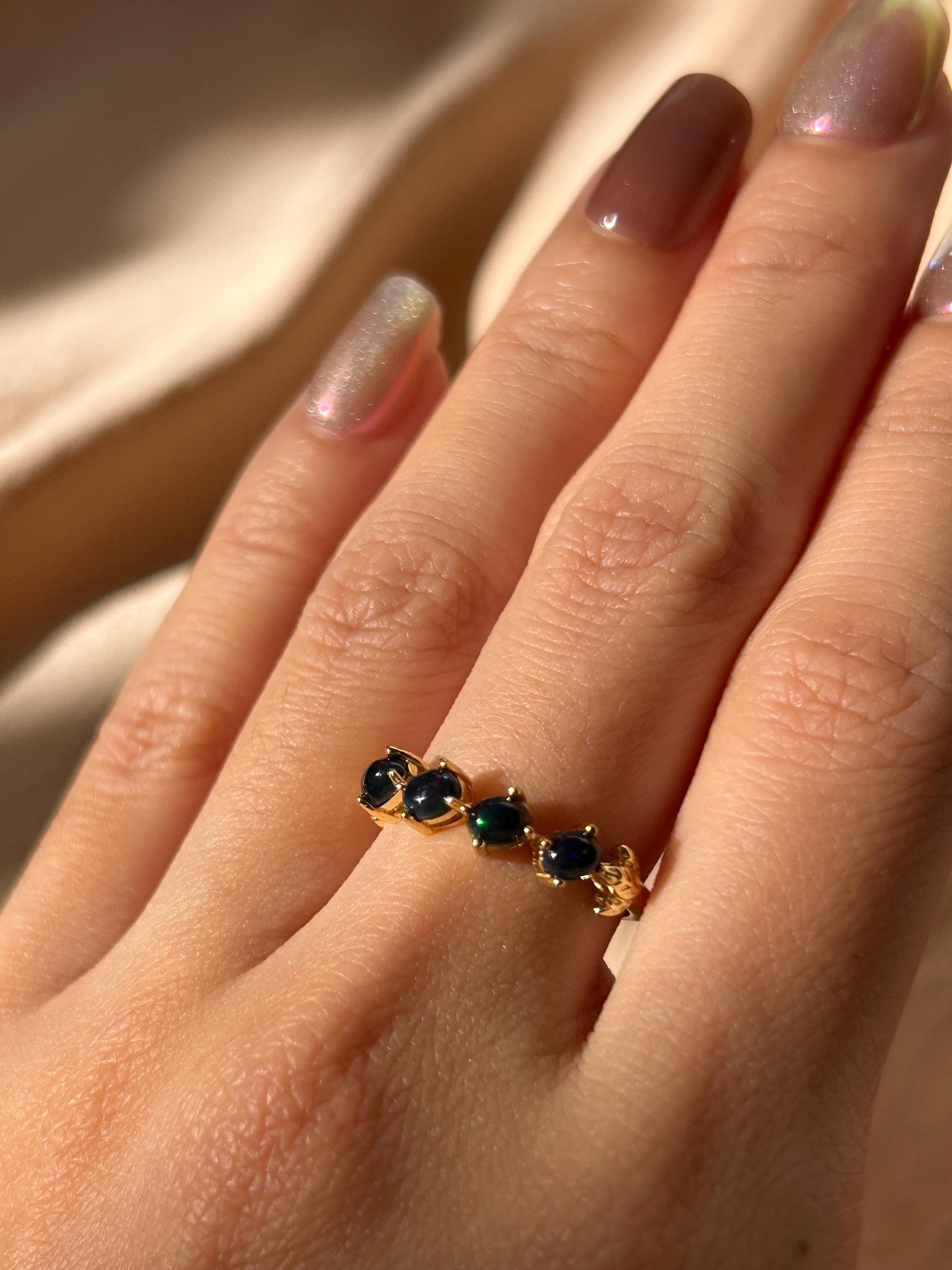 Black Opal Slanted Row Ring  ~ Vermeil Adjustable Resizeable