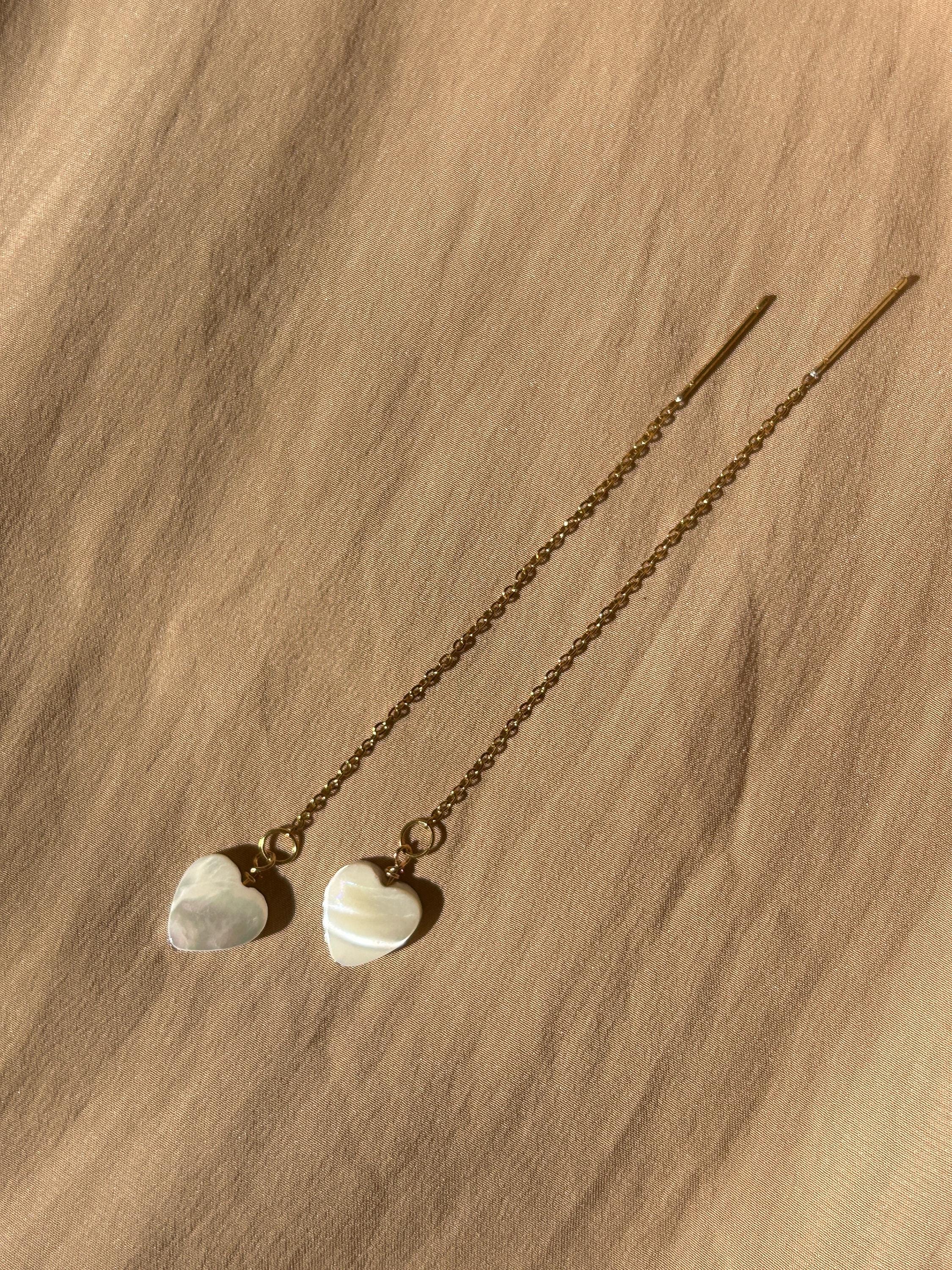 Mother of Pearl Heart Threader Earrings ~ Steel Base