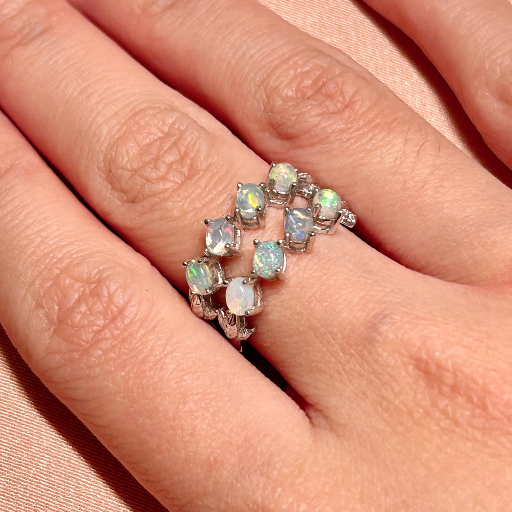 White Opal Slanted Row Ring ~ Sterling Silver Adjustable Resizeable