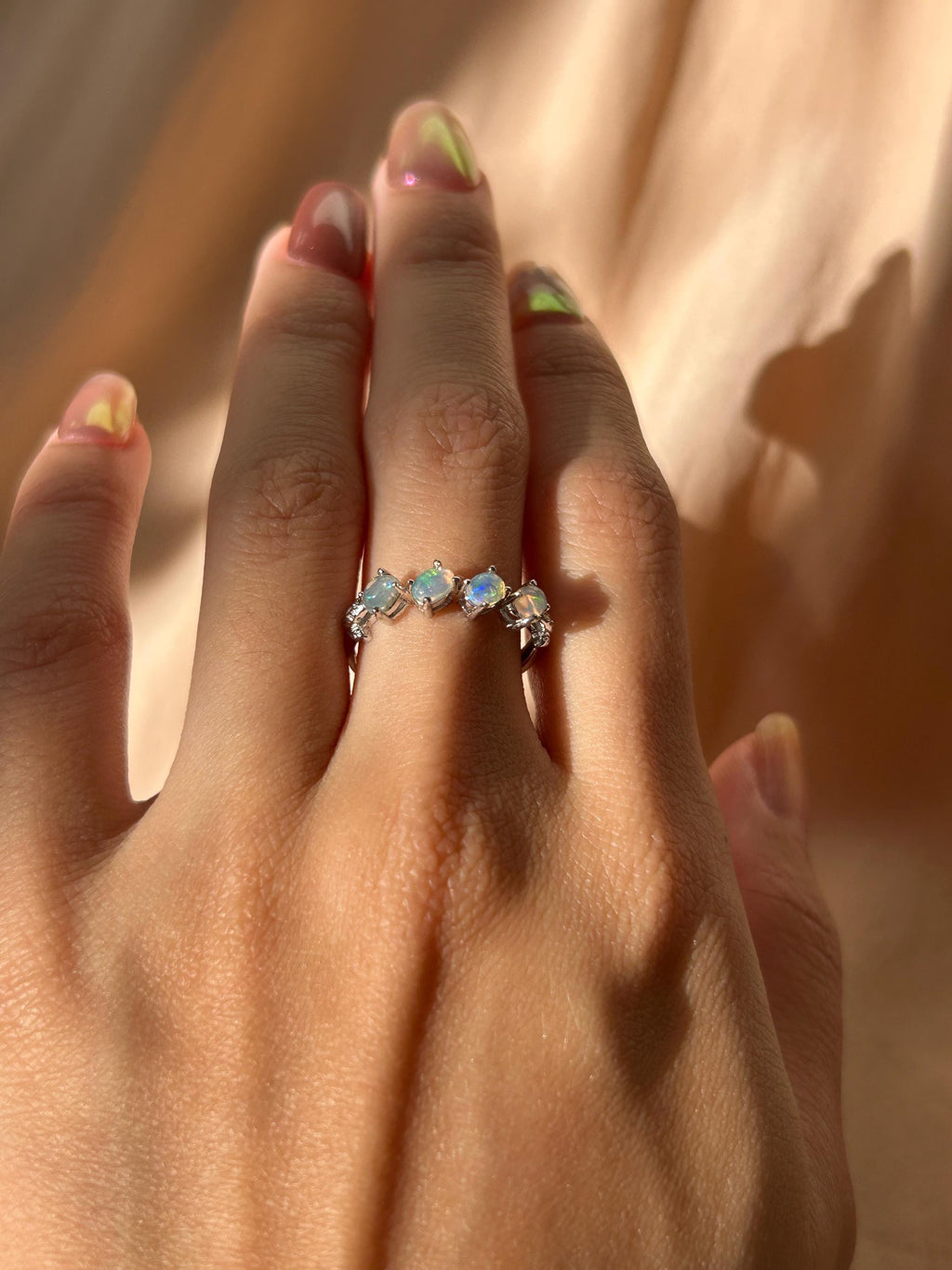 White Opal Slanted Row Ring ~ Sterling Silver Adjustable Resizeable
