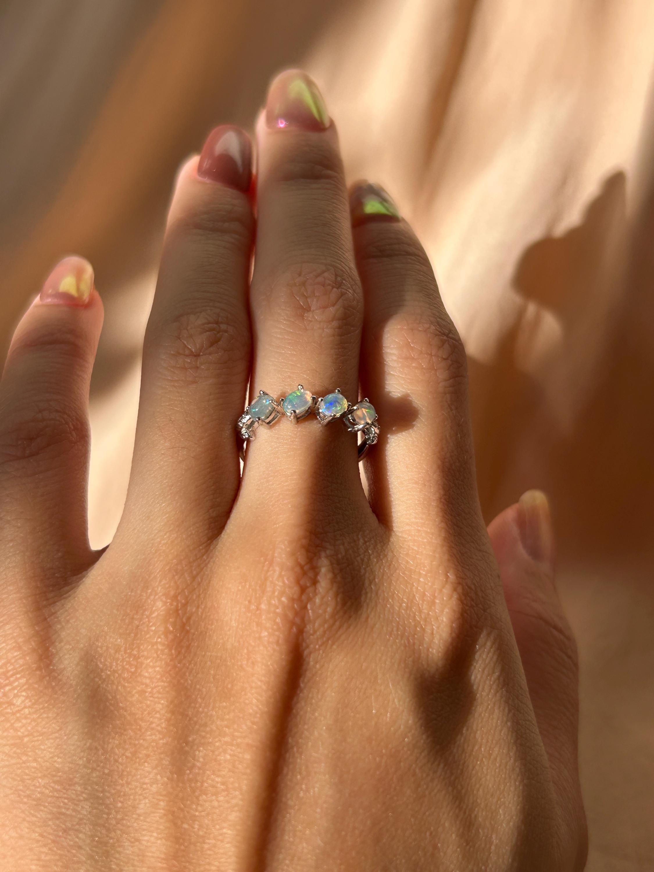 White Opal Slanted Row Ring ~ Sterling Silver Adjustable Resizeable