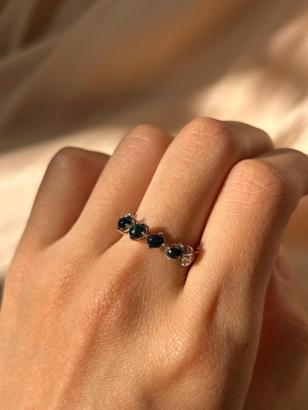 Black Opal Slanted Row Ring  ~ Sterling Silver Adjustable Resizeable