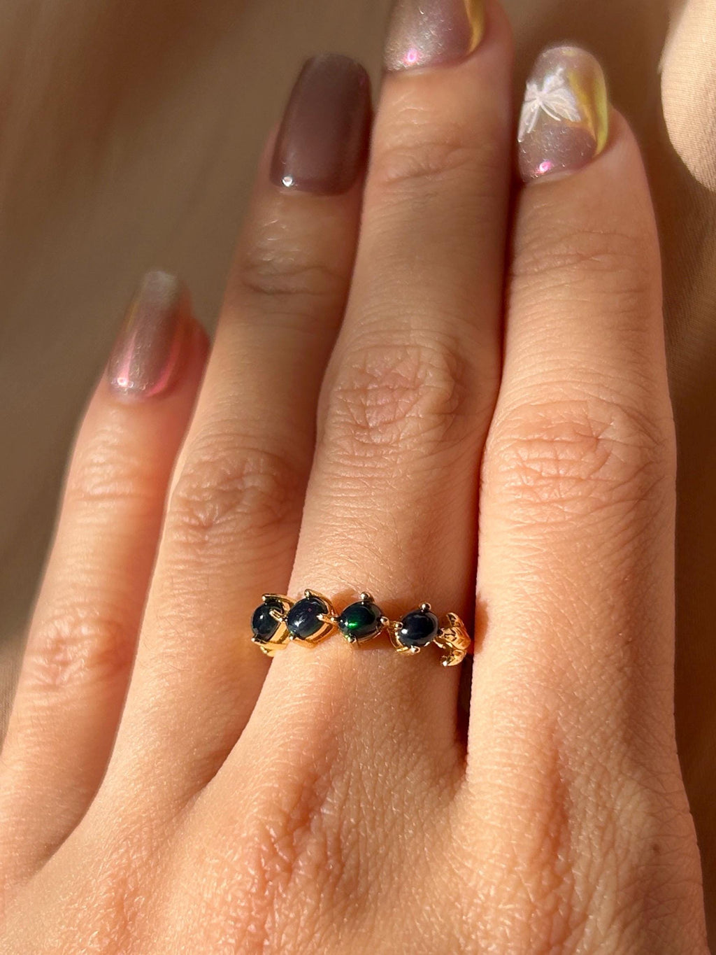 Black Opal Slanted Row Ring  ~ Sterling Silver Adjustable Resizeable