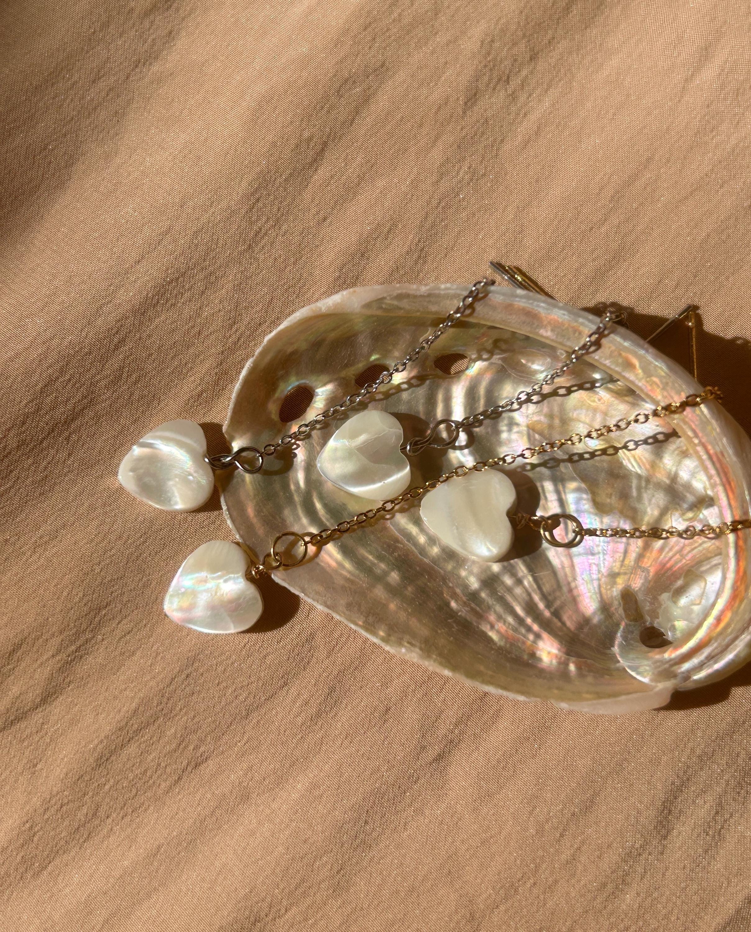 Mother of Pearl Heart Threader Earrings ~ Steel Base
