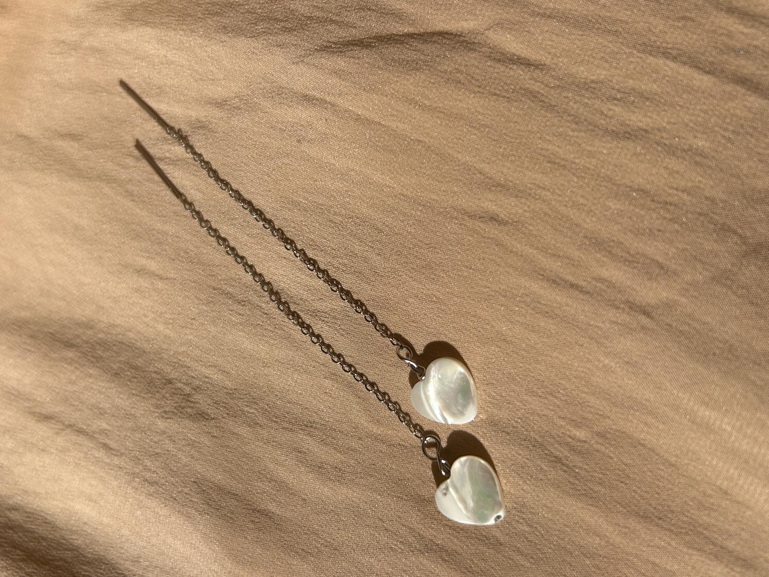 Mother of Pearl Heart Threader Earrings ~ Steel Base