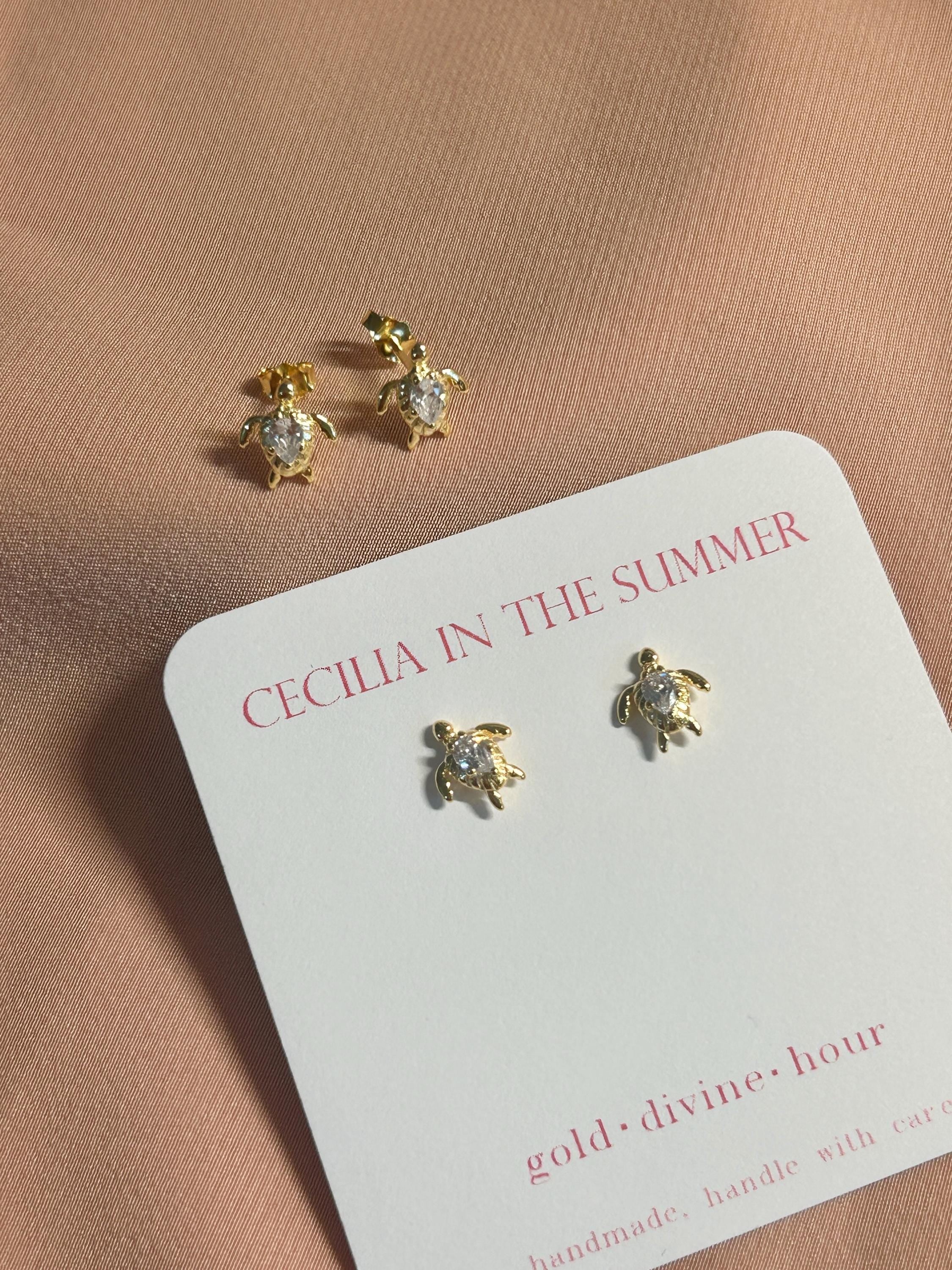 Ocean Turtle CZ Stud Vermeil Earrings