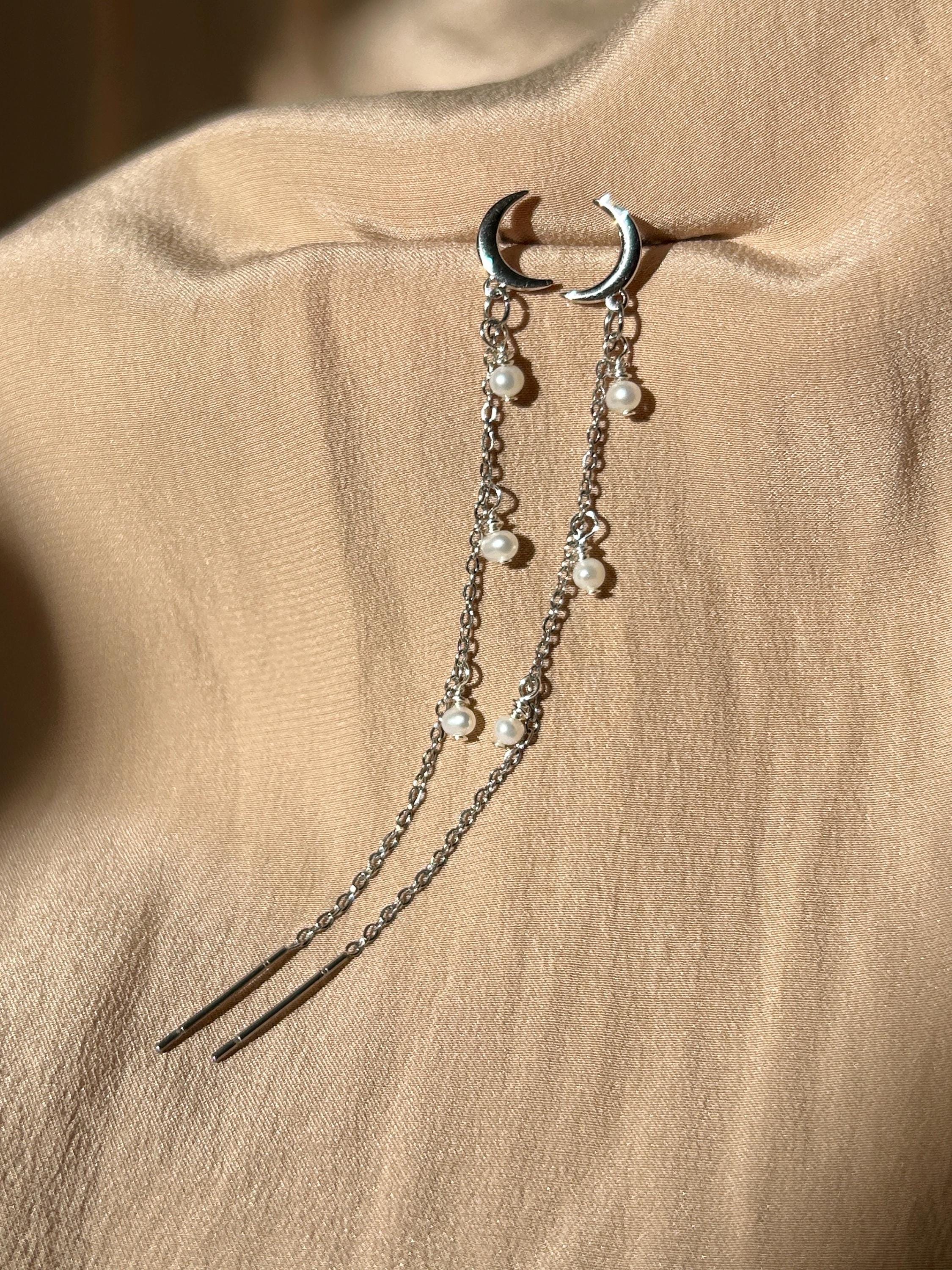 Opal Moon Stud-Threader Silver Earrings