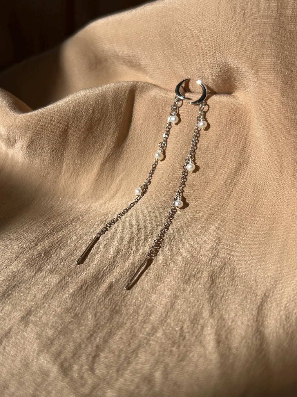 Opal Moon Stud-Threader Silver Earrings
