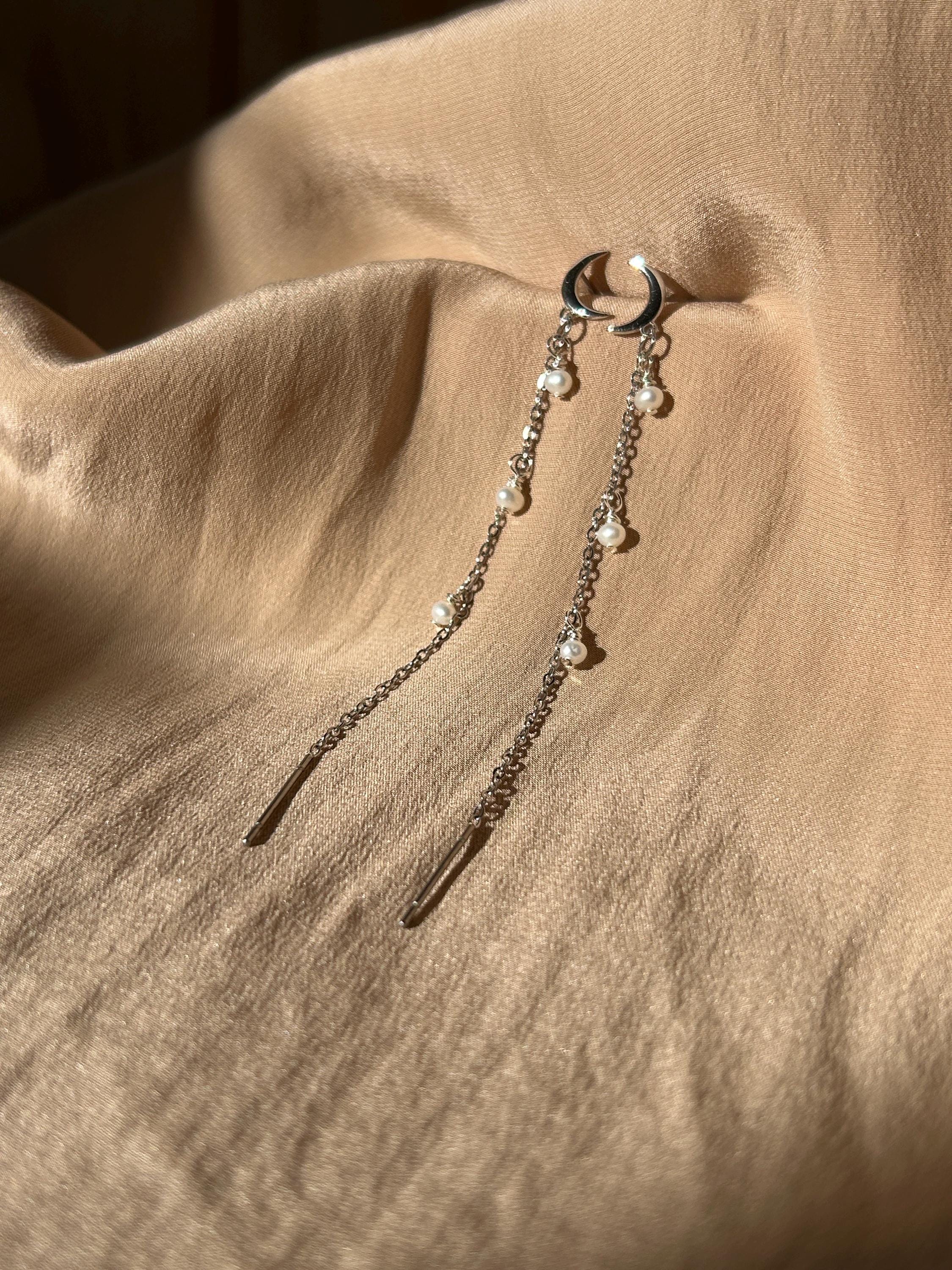 Pearl Moon Stud-Threader ~ Silver Earrings