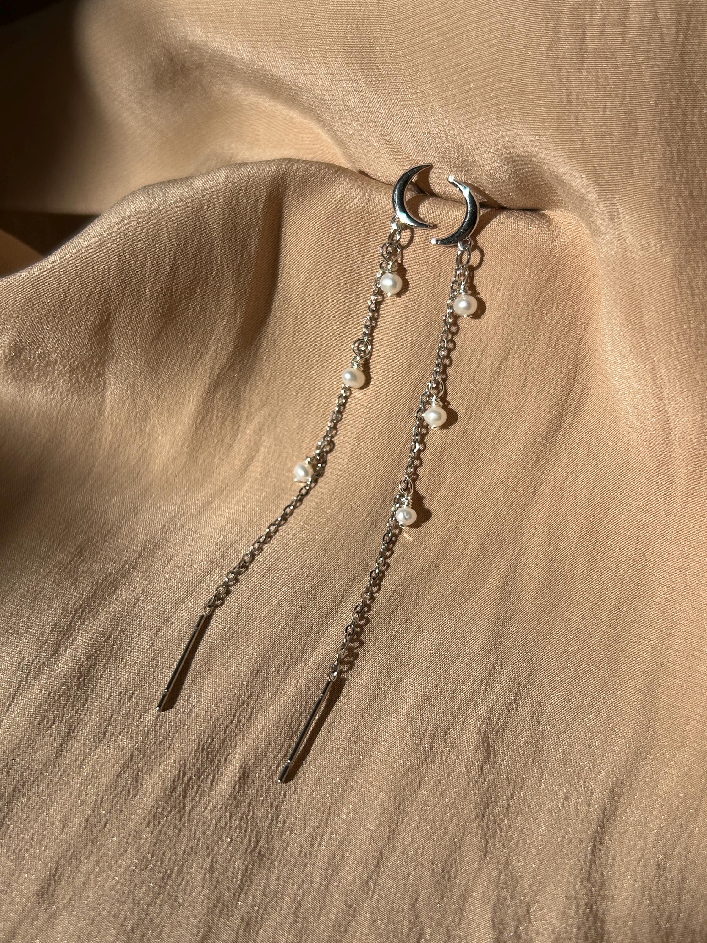 Pearl Moon Stud-Threader ~ Silver Earrings