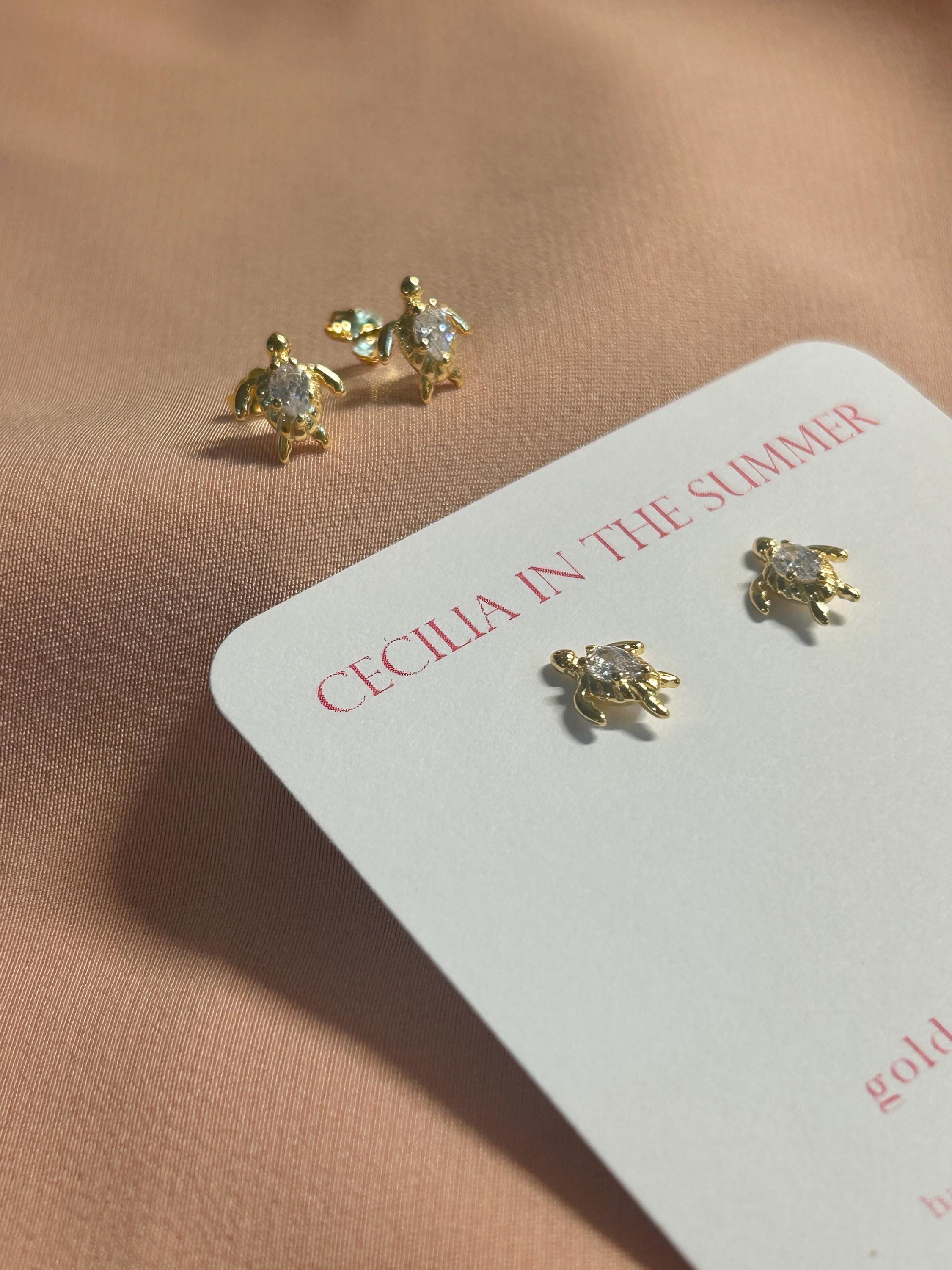 Ocean Turtle CZ Stud Vermeil Earrings