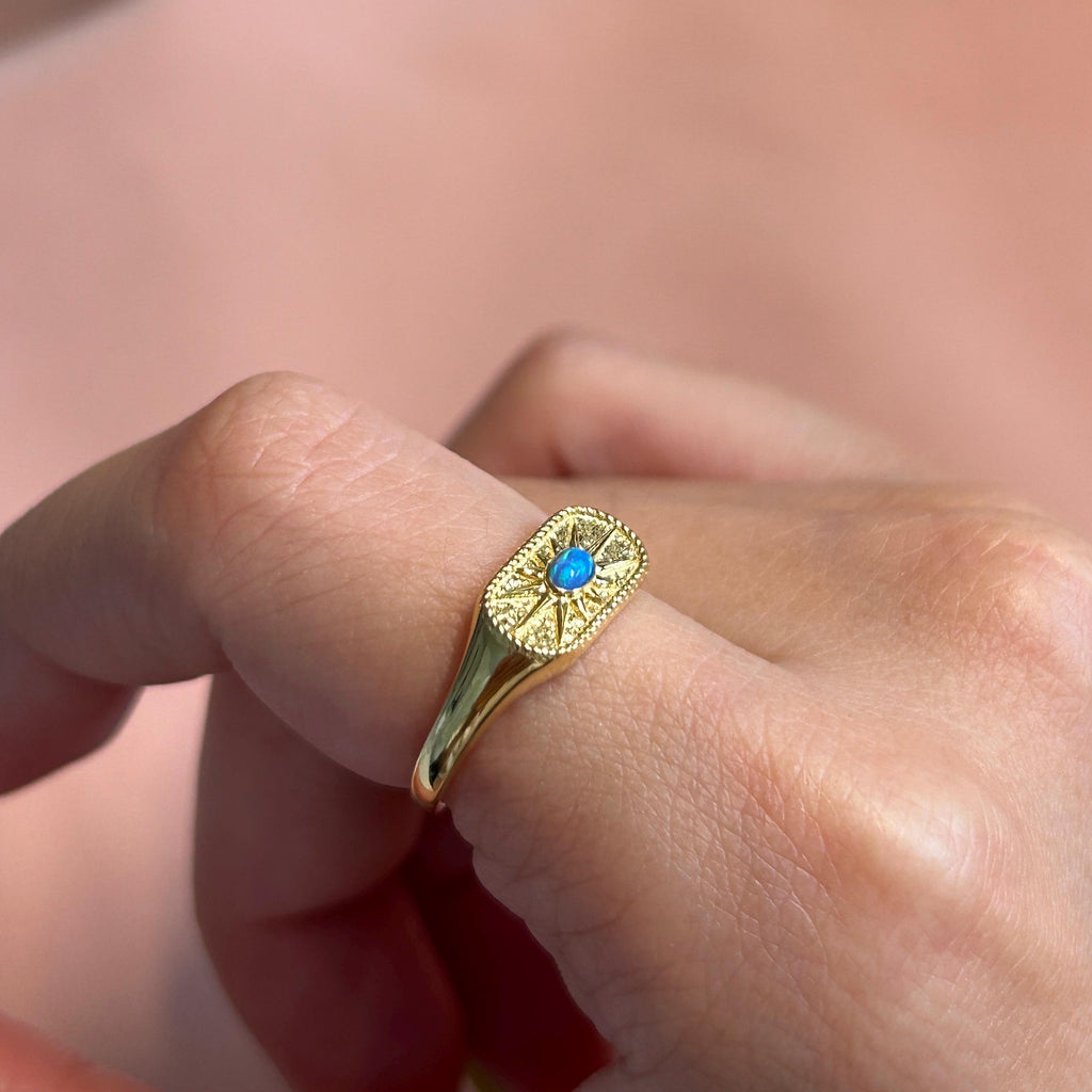 Stamped Blue Opal Signet Vermeil Ring