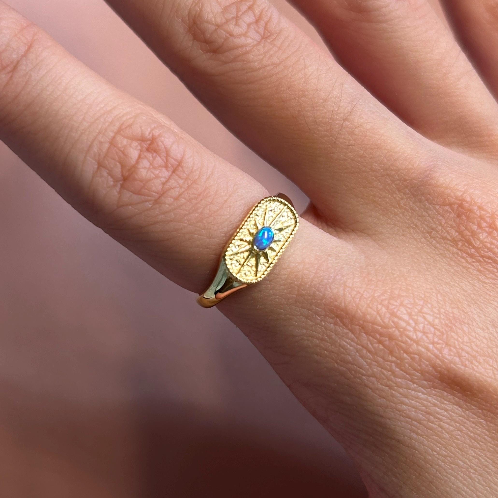 Stamped Blue Opal Signet Vermeil Ring