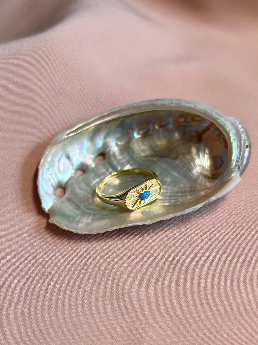 Stamped Blue Opal Signet Vermeil Ring