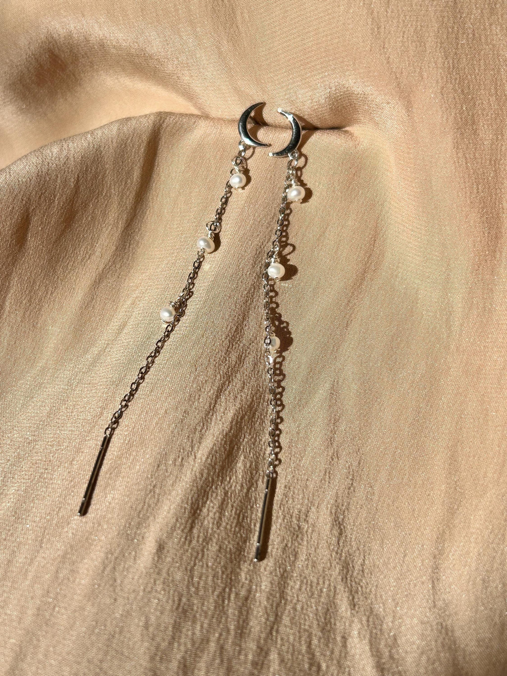 Opal Moon Stud-Threader Silver Earrings