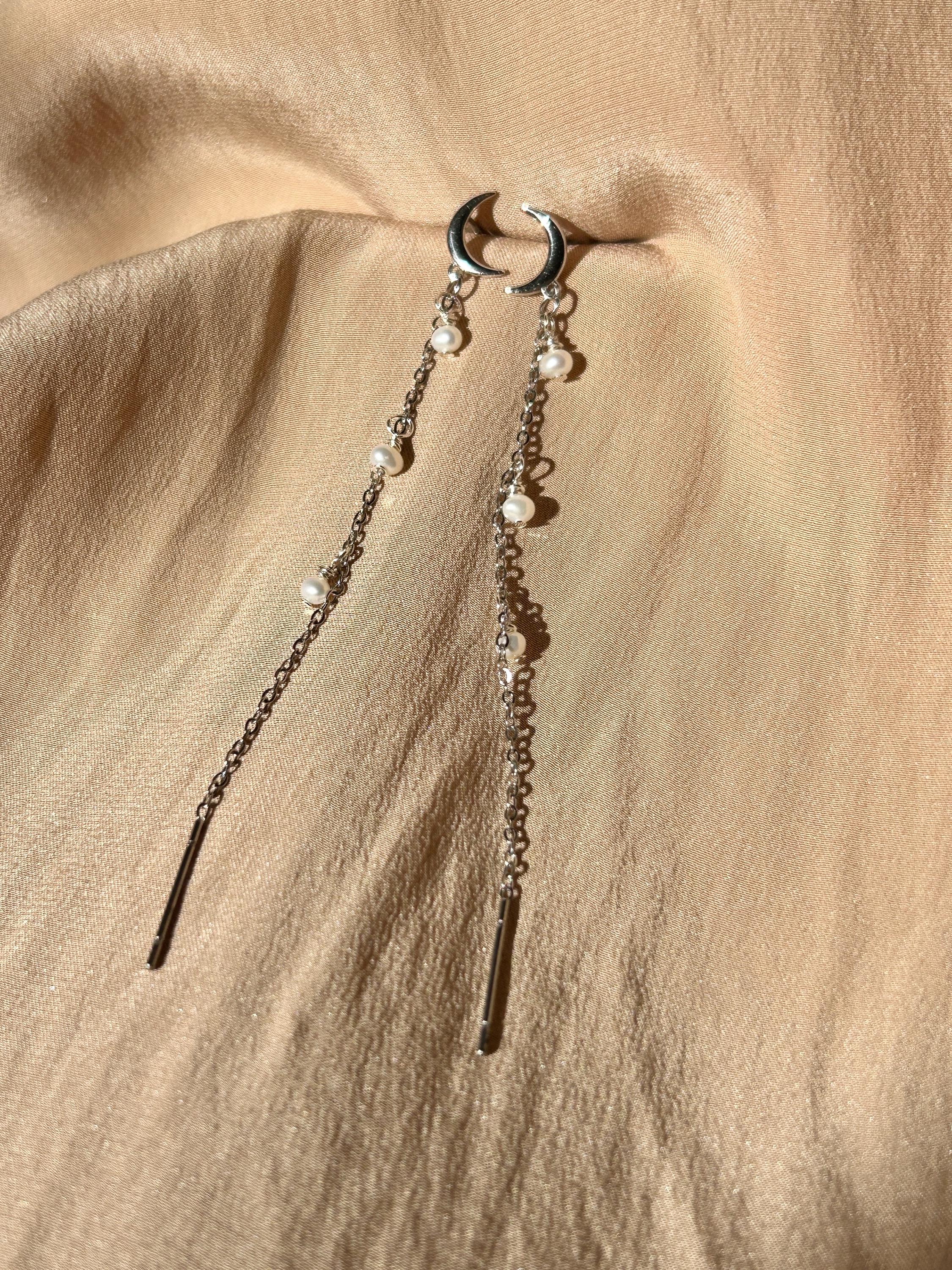 Pearl Moon Stud-Threader ~ Silver Earrings