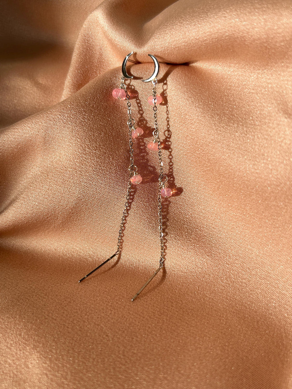 Opal Moon Stud-Threader Silver Earrings