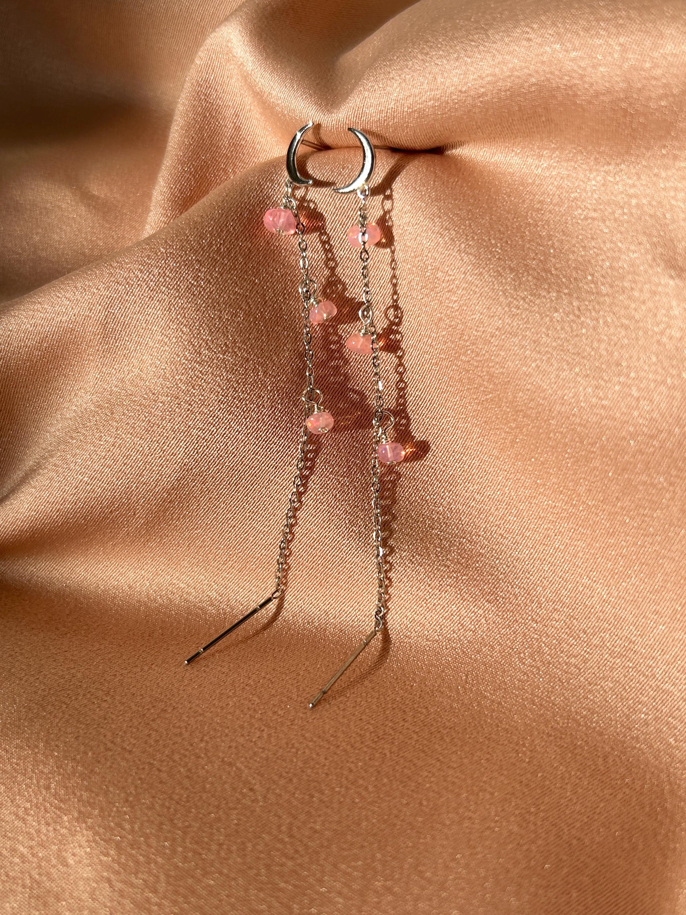 Opal Moon Stud-Threader Silver Earrings