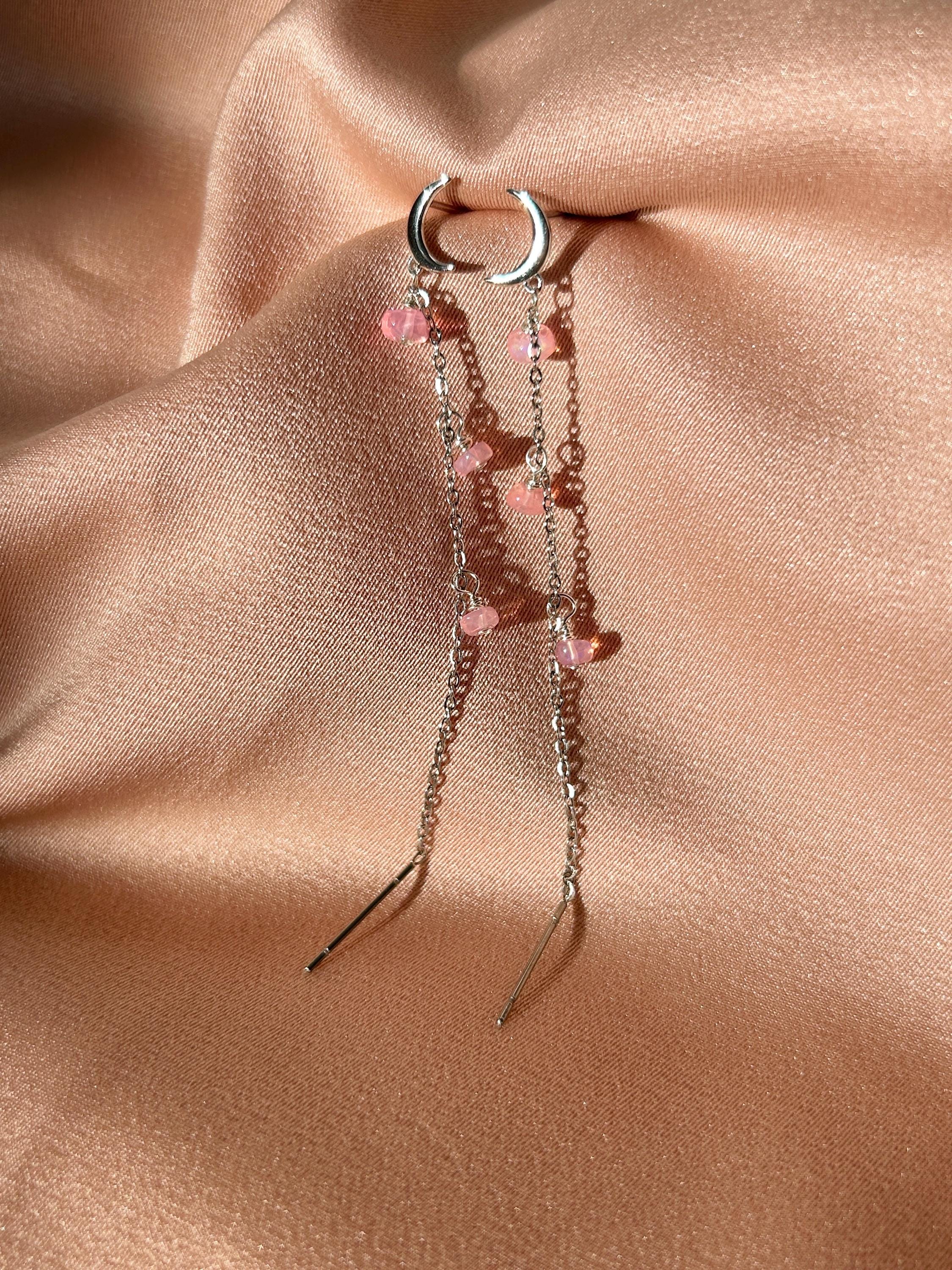 Opal Moon Stud-Threader Silver Earrings