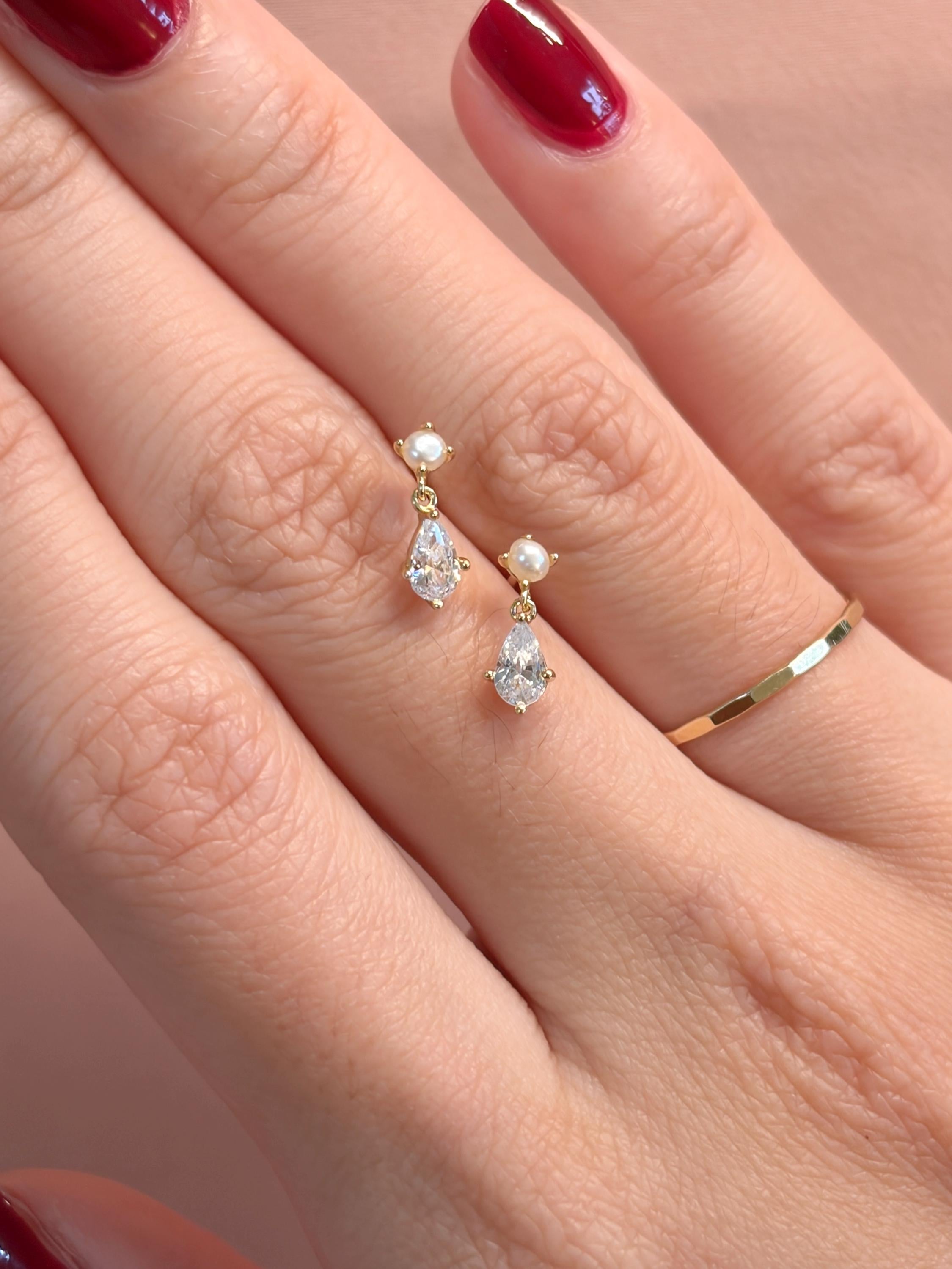 Dainty Pearl + Crystal Pear Stud Vermeil Earrings