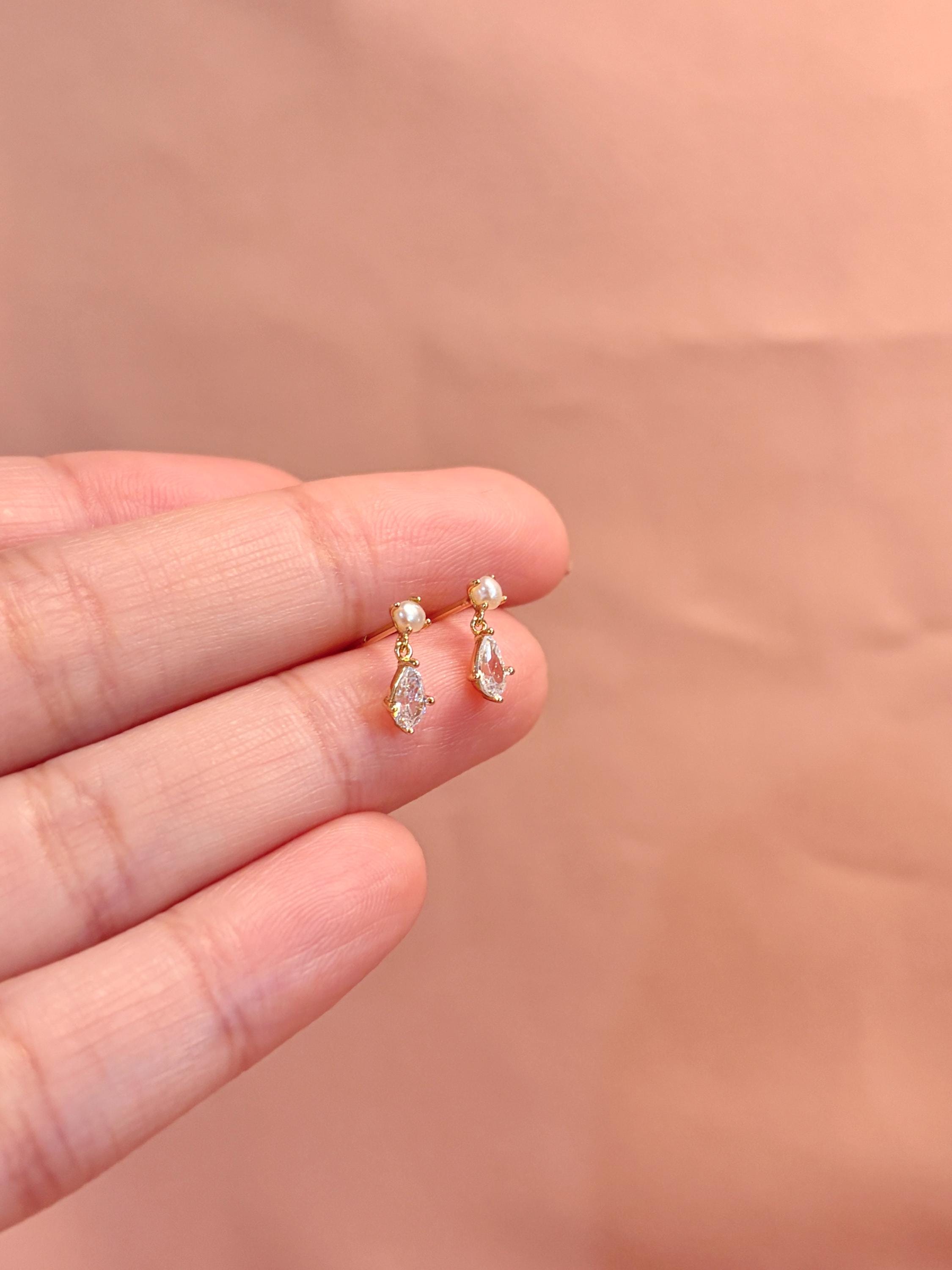 Dainty Pearl + Crystal Pear Stud Vermeil Earrings